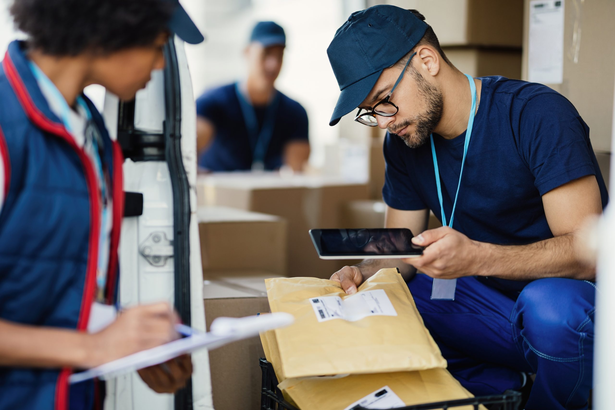 young delivery man using digital tablet scanning bar code package label while preparing shipment with his coworker 1 scaled